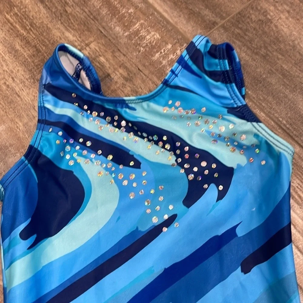 GK x Suni Lee Blue Cool Breeze Sleeveless leotard CXS NEW